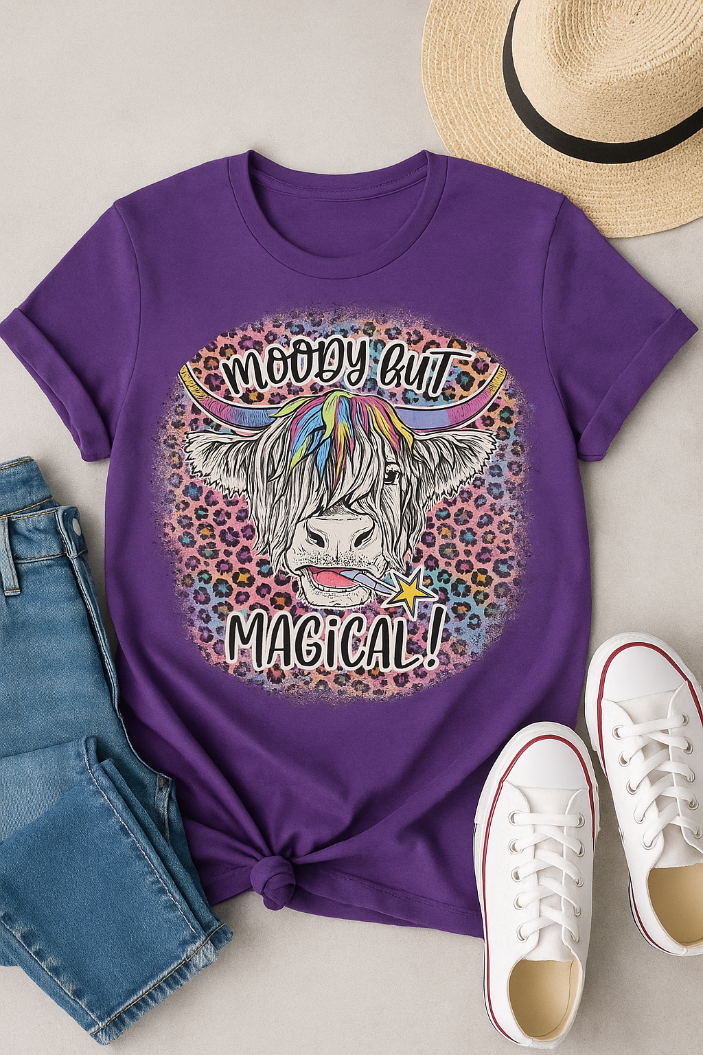 Moody but Magical Highland Cow Leopard Print Graphic Tee