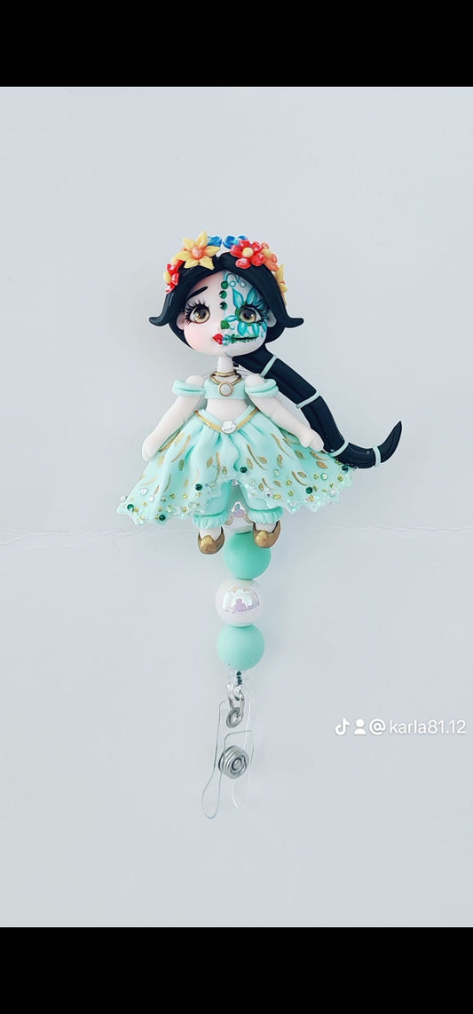 ✨ Enchanted Día de Muertos Princess Badge Reel – Handmade Polymer Clay Reel